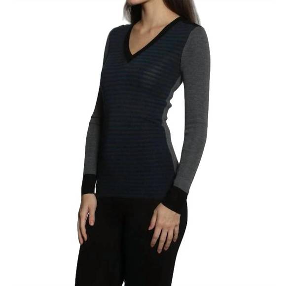 NEW LABEL+THREAD skinny rib vee pullover in charcoal/ocean - Picture 3 of 3